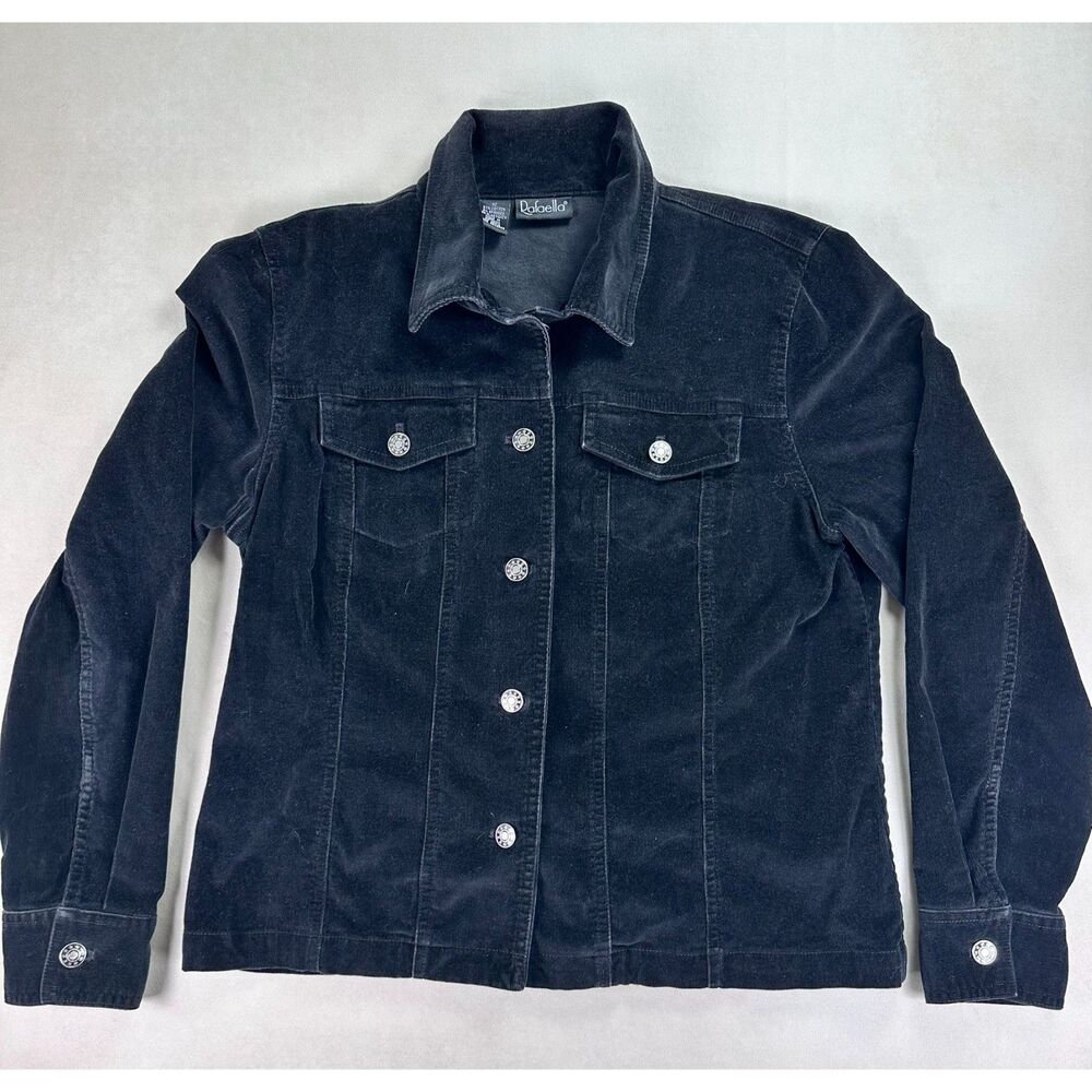 Rafaella Women's Black Stretch Denim Jean Jacket Size 12 Button Front Classic